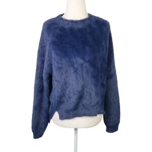 Navy Blue Fuzzy Faux Fur Crewneck Pullover Sweater Large
